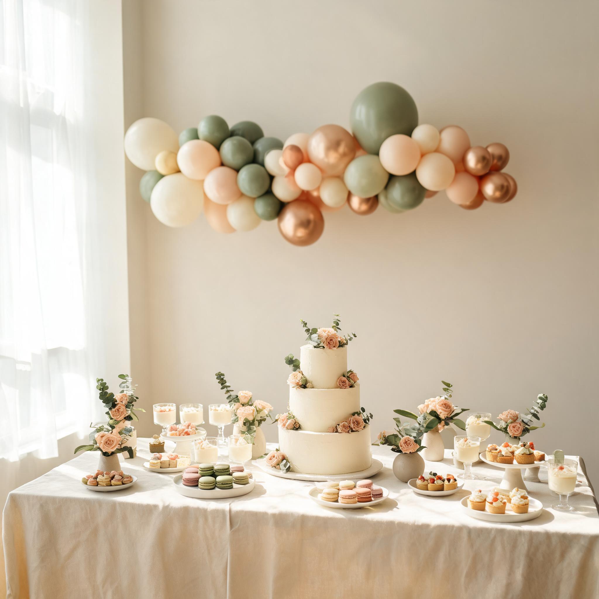 An elegant, styled children's party dessert table with a soft organic balloon garland in cream, sage and peach tones