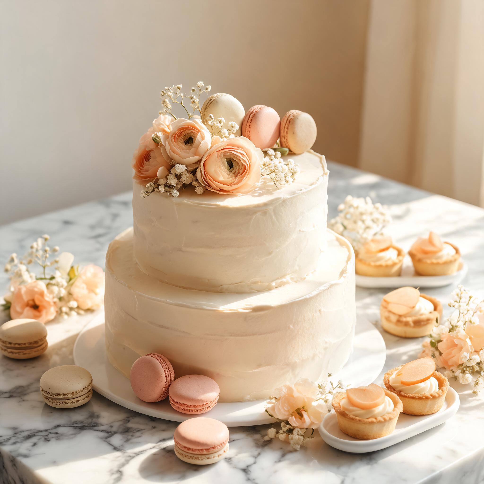 Elegant buttercream celebration cake with delicate florals and macarons